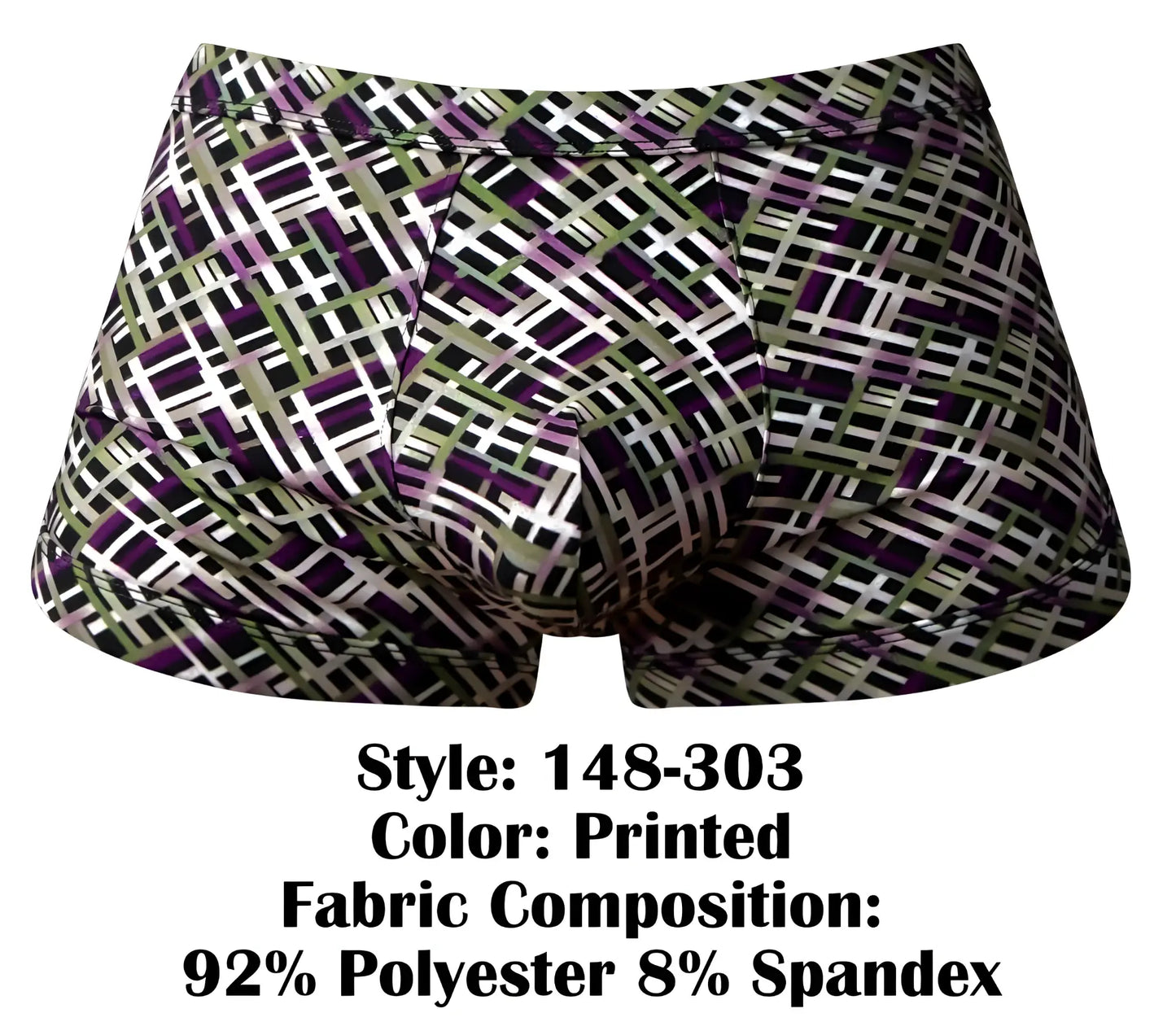 Printed male power 148-303 gridlocked strappy back short boxer briefs with bold black white purple and olive green geometric pattern