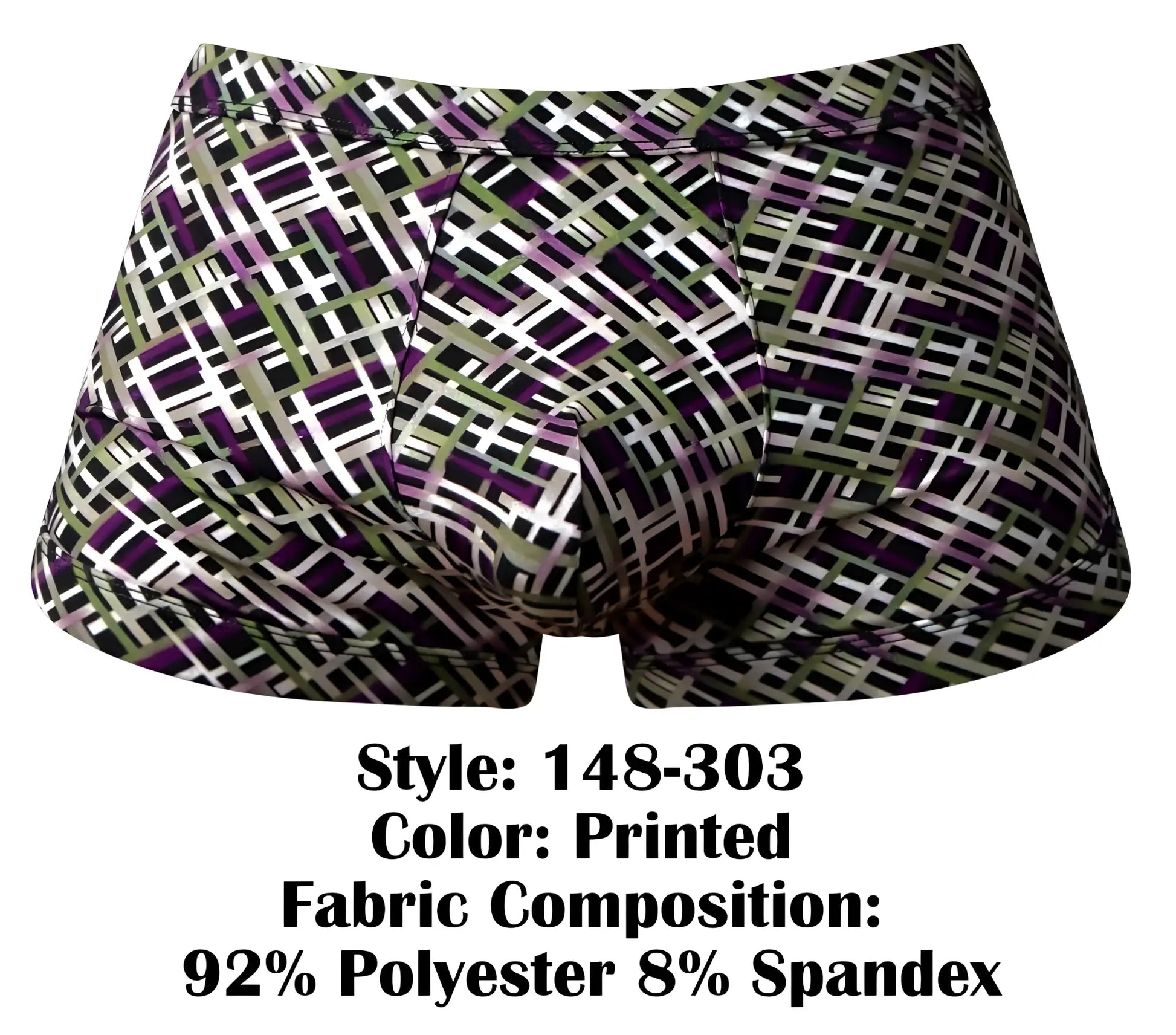 Printed male power 148-303 gridlocked strappy back short boxer briefs with bold black white purple and olive green geometric pattern