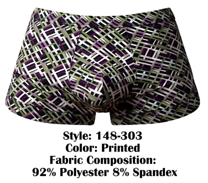 Printed male power 148-303 gridlocked strappy back short boxer briefs with bold black white purple and olive green geometric pattern