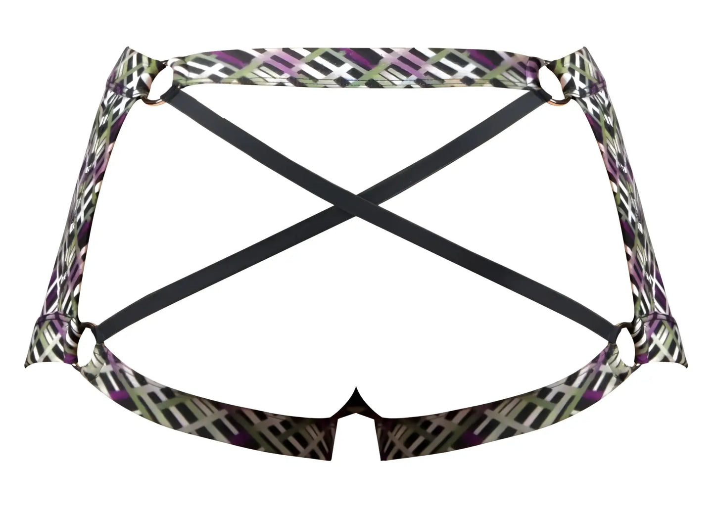 Purple and green geometric patterned Male Power 148-303 gridlocked strappy back short bikini bottom with black straps back view