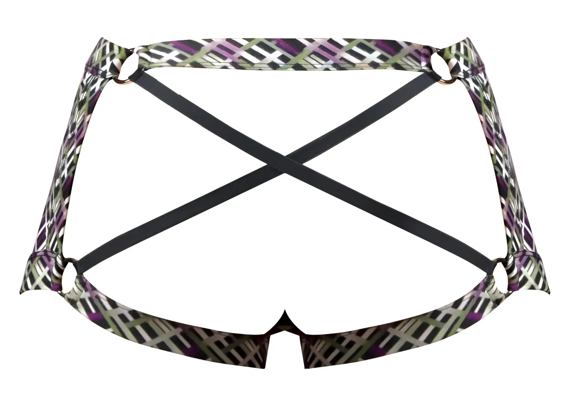 Purple and green geometric patterned Male Power 148-303 gridlocked strappy back short bikini bottom with black straps back view
