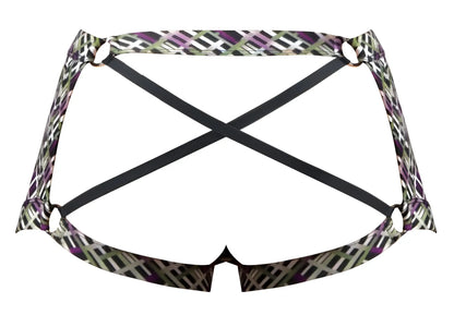 Purple and green geometric patterned Male Power 148-303 gridlocked strappy back short bikini bottom with black straps back view