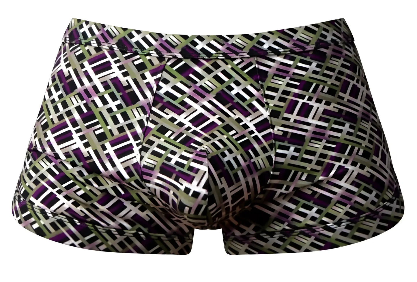 Male power 148-303 gridlocked strappy back short color printed men’s briefs with purple white and olive green geometric pattern