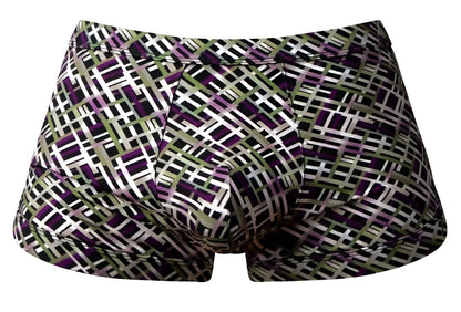 Male power 148-303 gridlocked strappy back short color printed men’s briefs with purple white and olive green geometric pattern