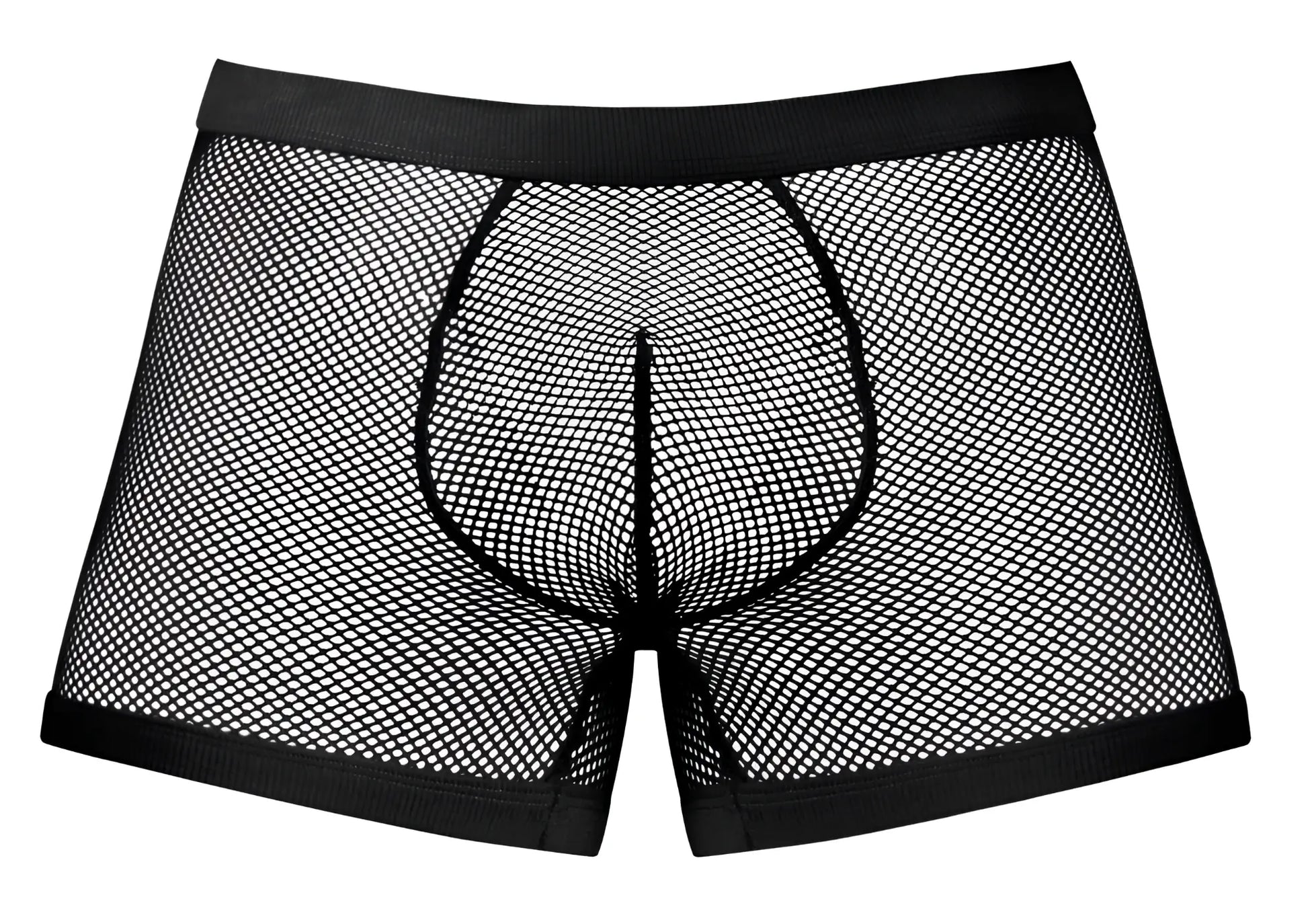 Black mesh male power 152-11c fishnet 2 pouch boxer briefs with solid black elastic waistband and leg openings