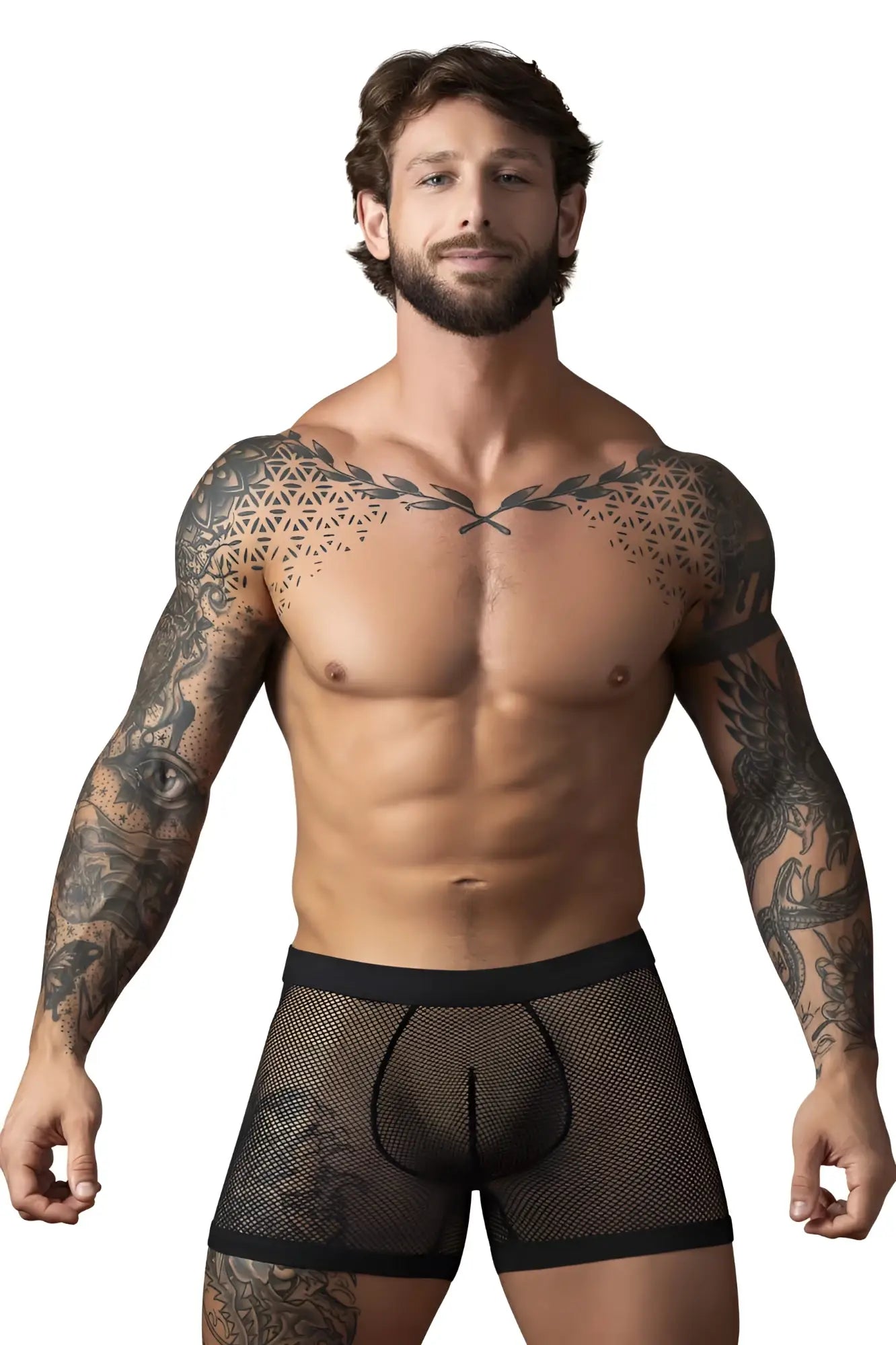 Male power 152-11c fishnet black mesh boxer briefs with solid black waistband and dual pouch design