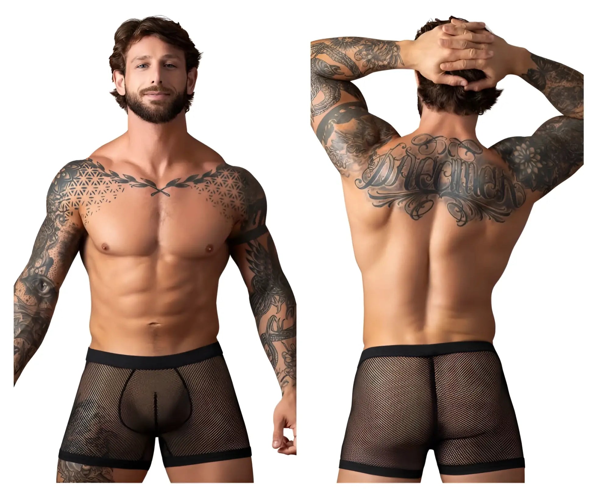 Male power 152-11c fishnet black mesh boxer briefs with solid waistband and leg openings for men