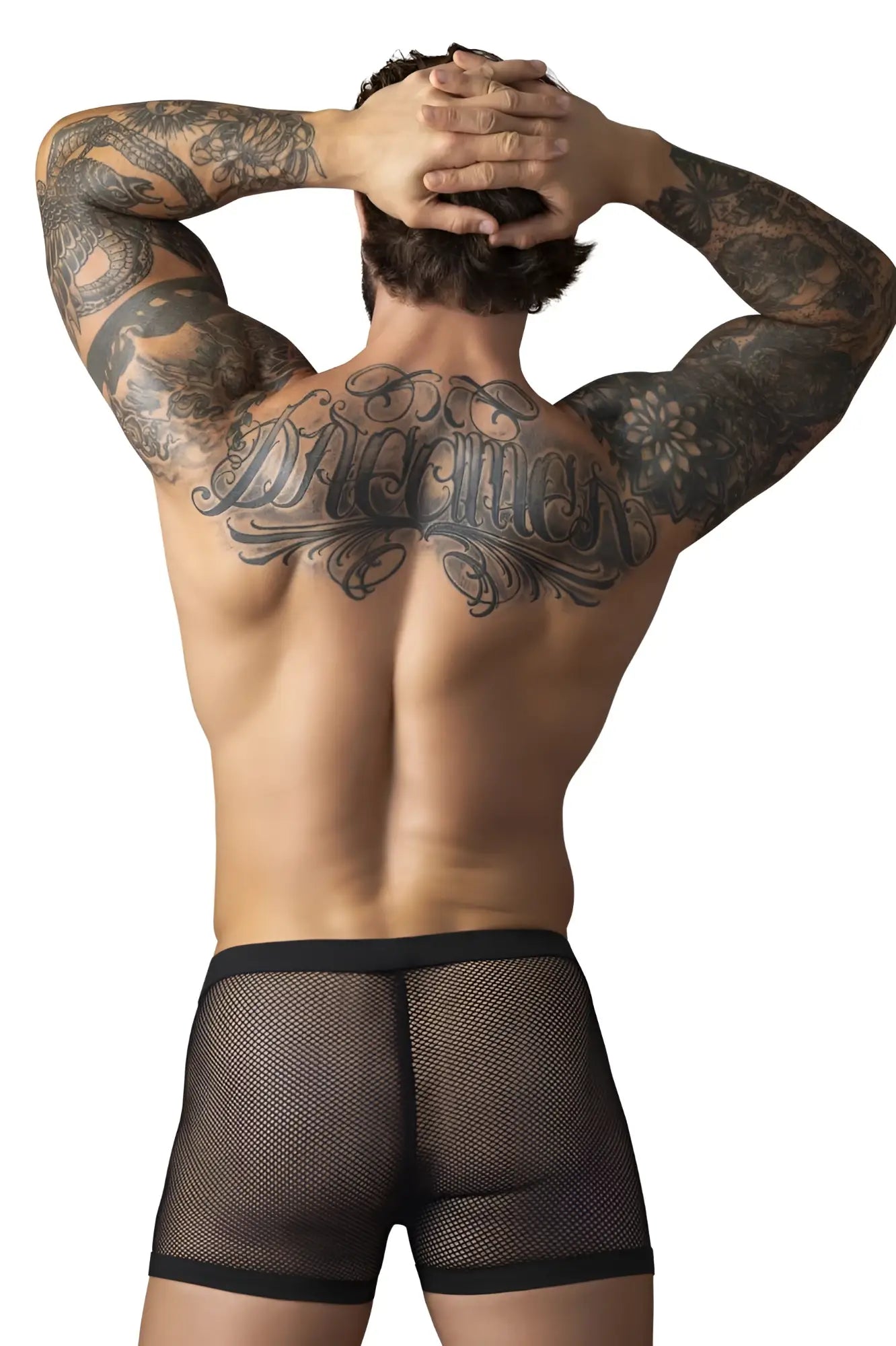 Male power 152-11c fishnet black briefs with solid waistband featuring dual pouch design for men