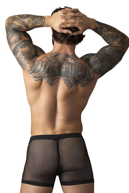 Male power 152-11c fishnet black briefs with solid waistband featuring dual pouch design for men
