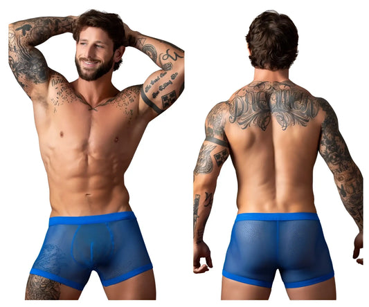 Male power 152-11c fishnet blue mesh briefs with solid waistband and dual pouch design in royal color