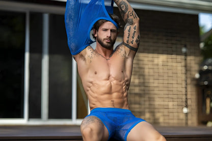 Male power royal blue fishnet mesh swim trunks with two pouch design for men