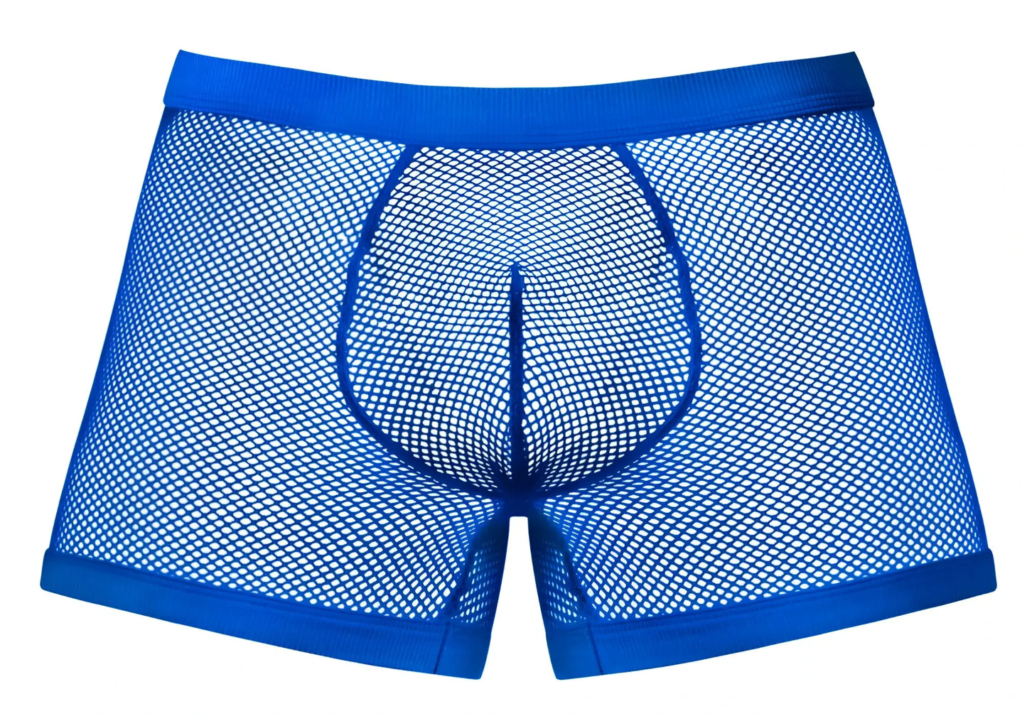 Male power royal blue mesh boxer briefs with solid waistband and leg openings fishnet 2 pouch short