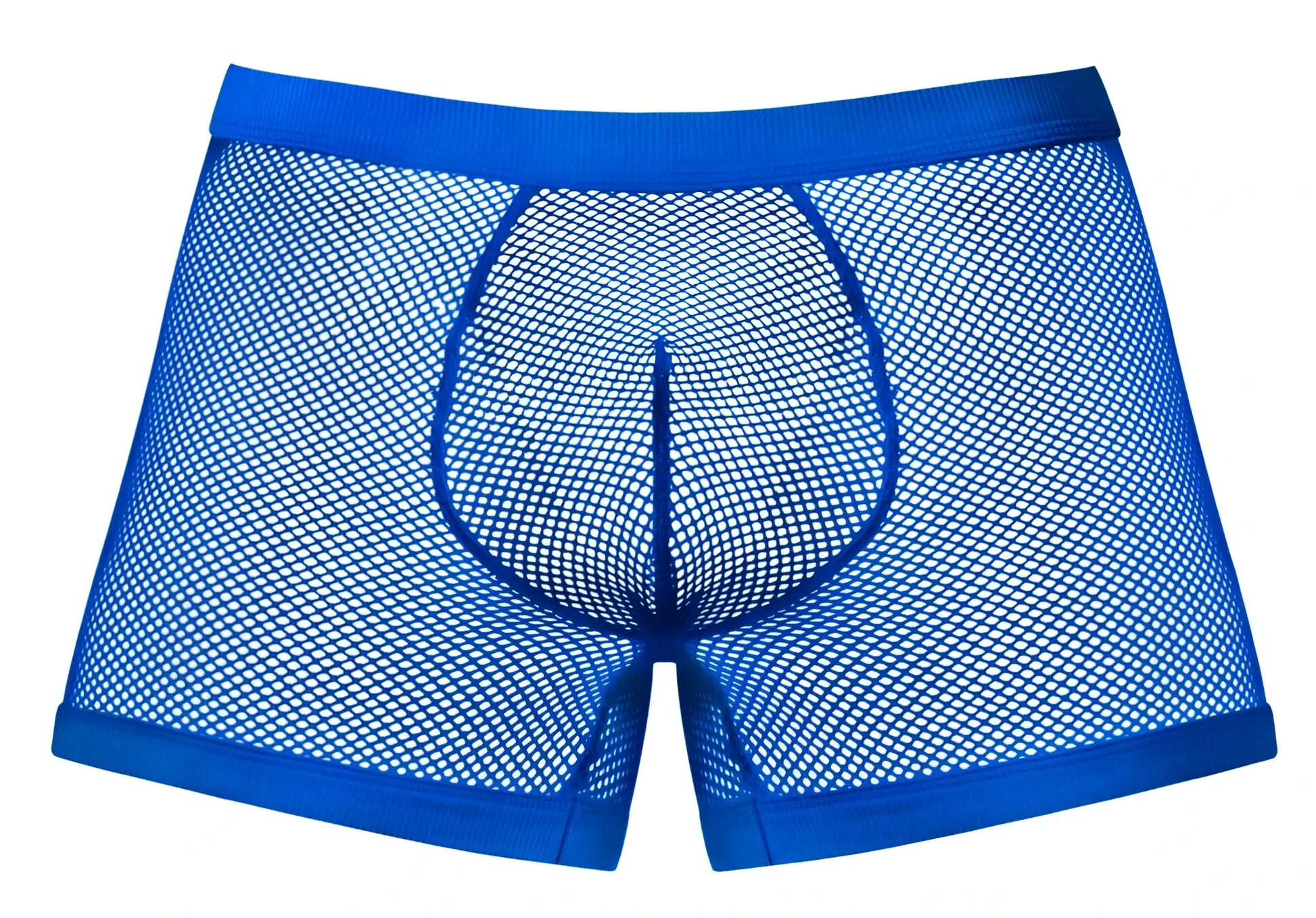 Male power royal blue mesh boxer briefs with solid waistband and leg openings fishnet 2 pouch short