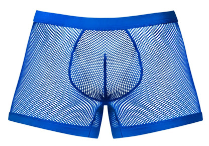 Male power royal blue mesh boxer briefs with solid waistband and leg openings fishnet 2 pouch short