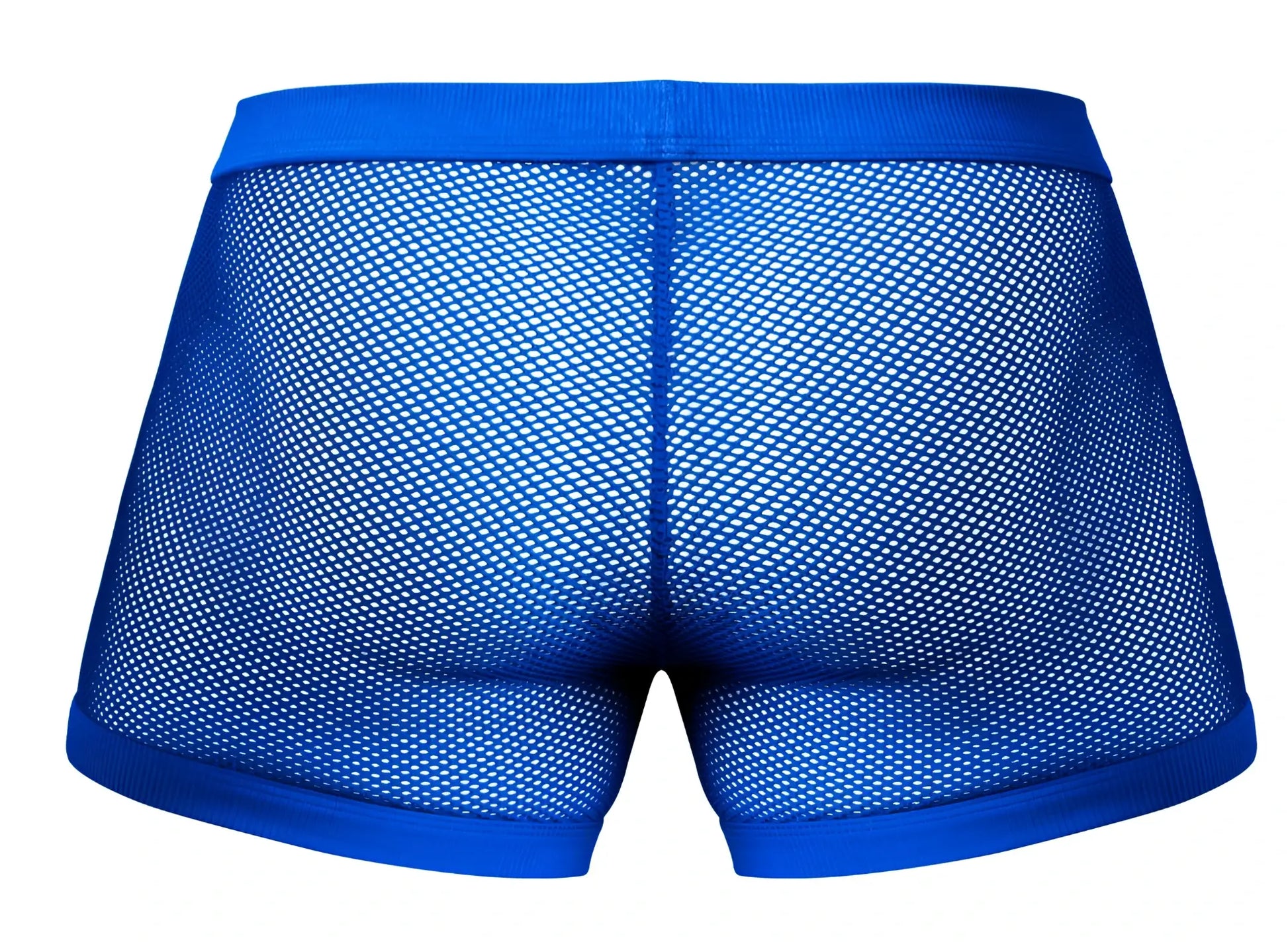 Male power 152-11c fishnet 2 pouch shorts in bright royal blue mesh with solid waistband and hem