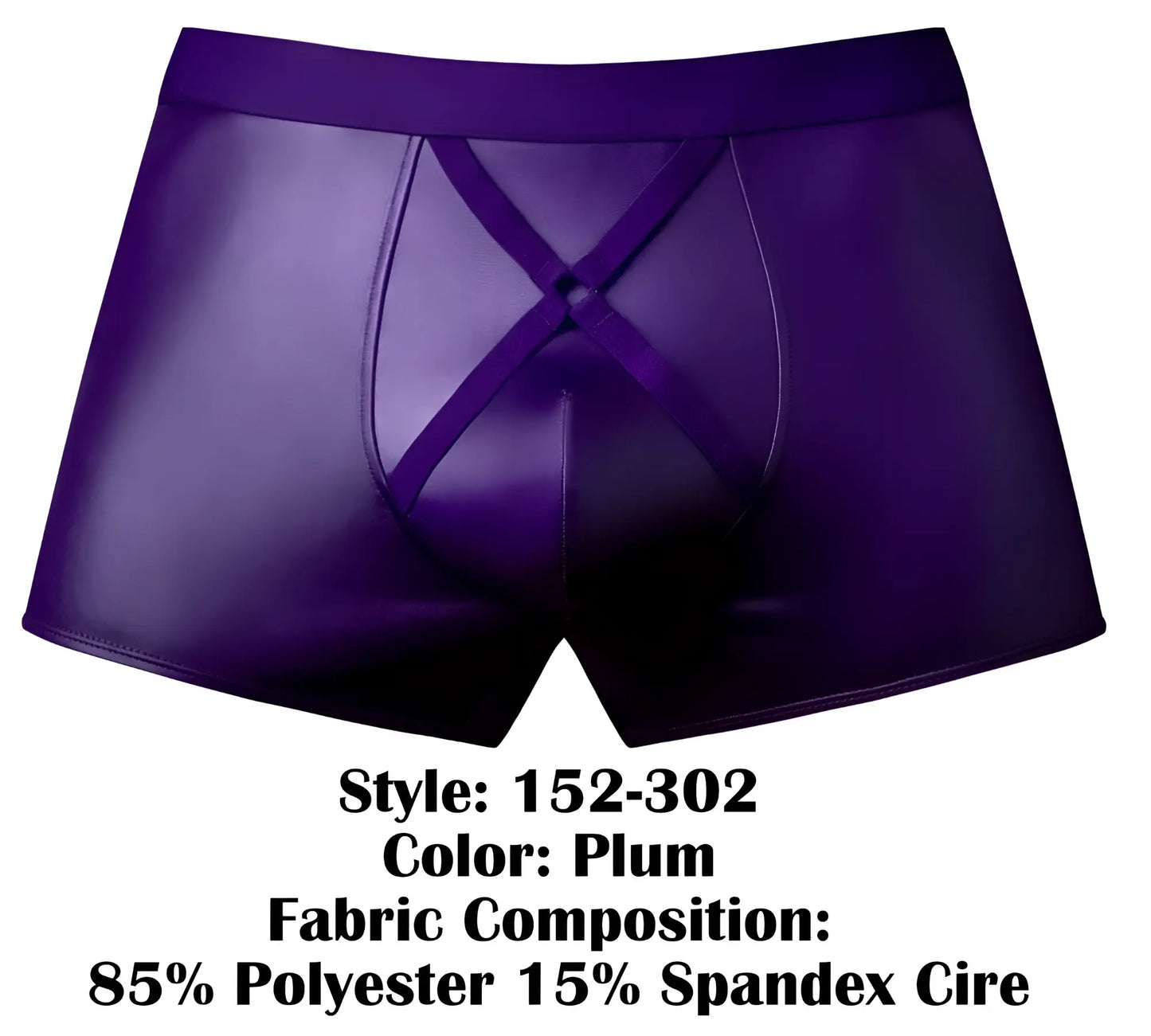 Male power 152-302 eggplant crossover short plum faux leather boxer briefs with shiny finish and crisscross front design