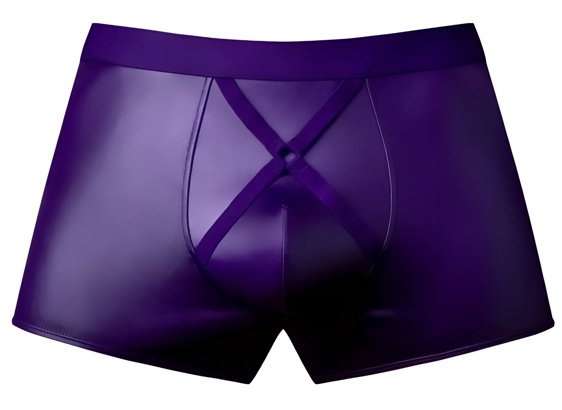 Male Power purple shiny faux leather boxer briefs with crisscross front design in eggplant color for men