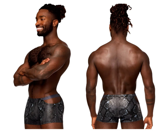 Male power black and gray snake-scale patterned men’s briefs with naked pouch short design and blue accents