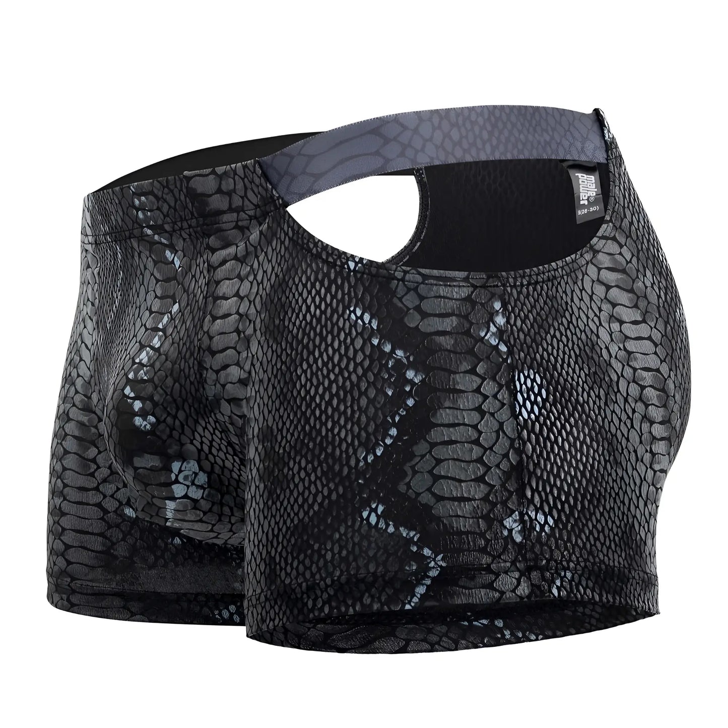 Male power 153-282 s-naked pouch short black-blue boxer briefs with glossy snake scale pattern and gray waistband