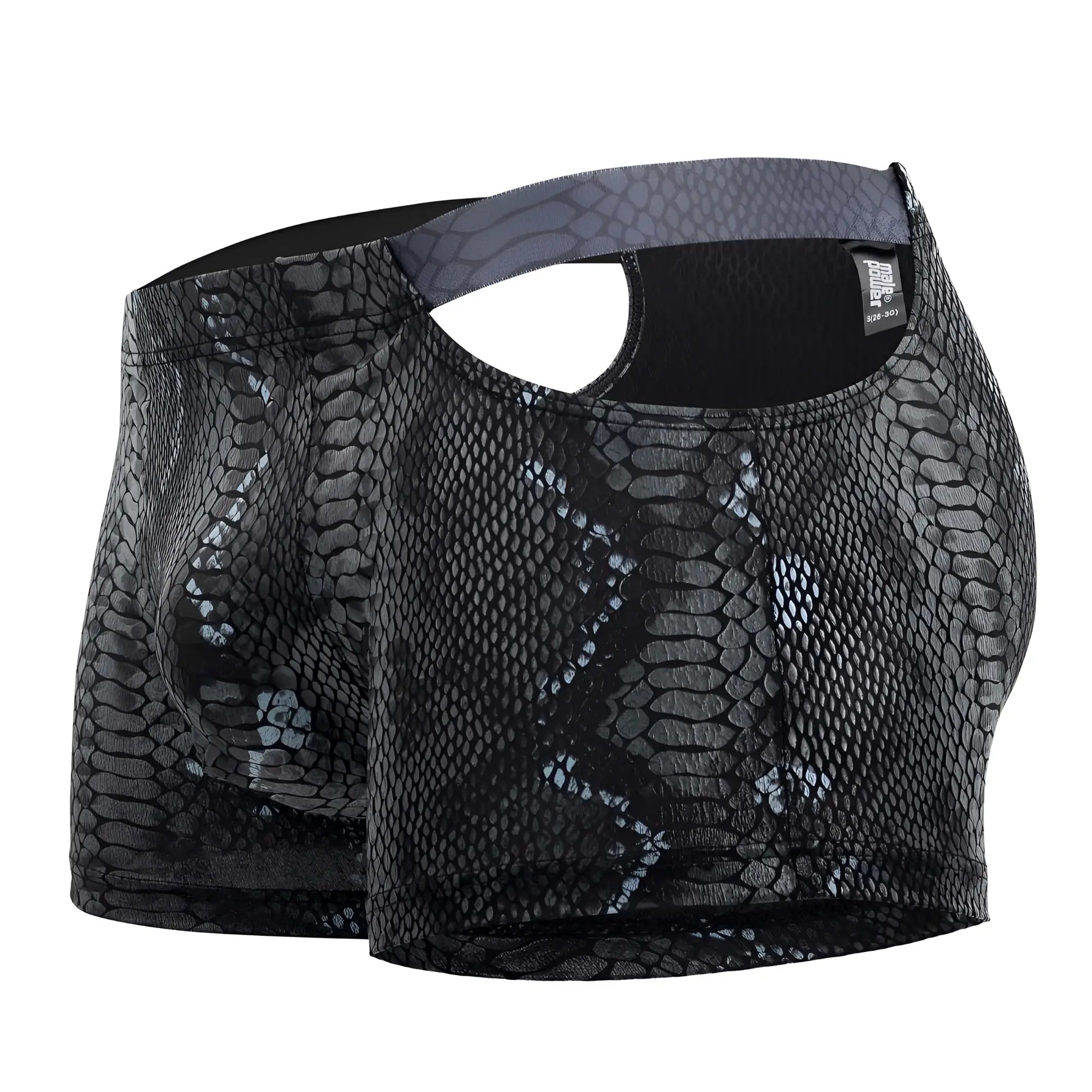 Male power 153-282 s-naked pouch short black-blue boxer briefs with glossy snake scale pattern and gray waistband
