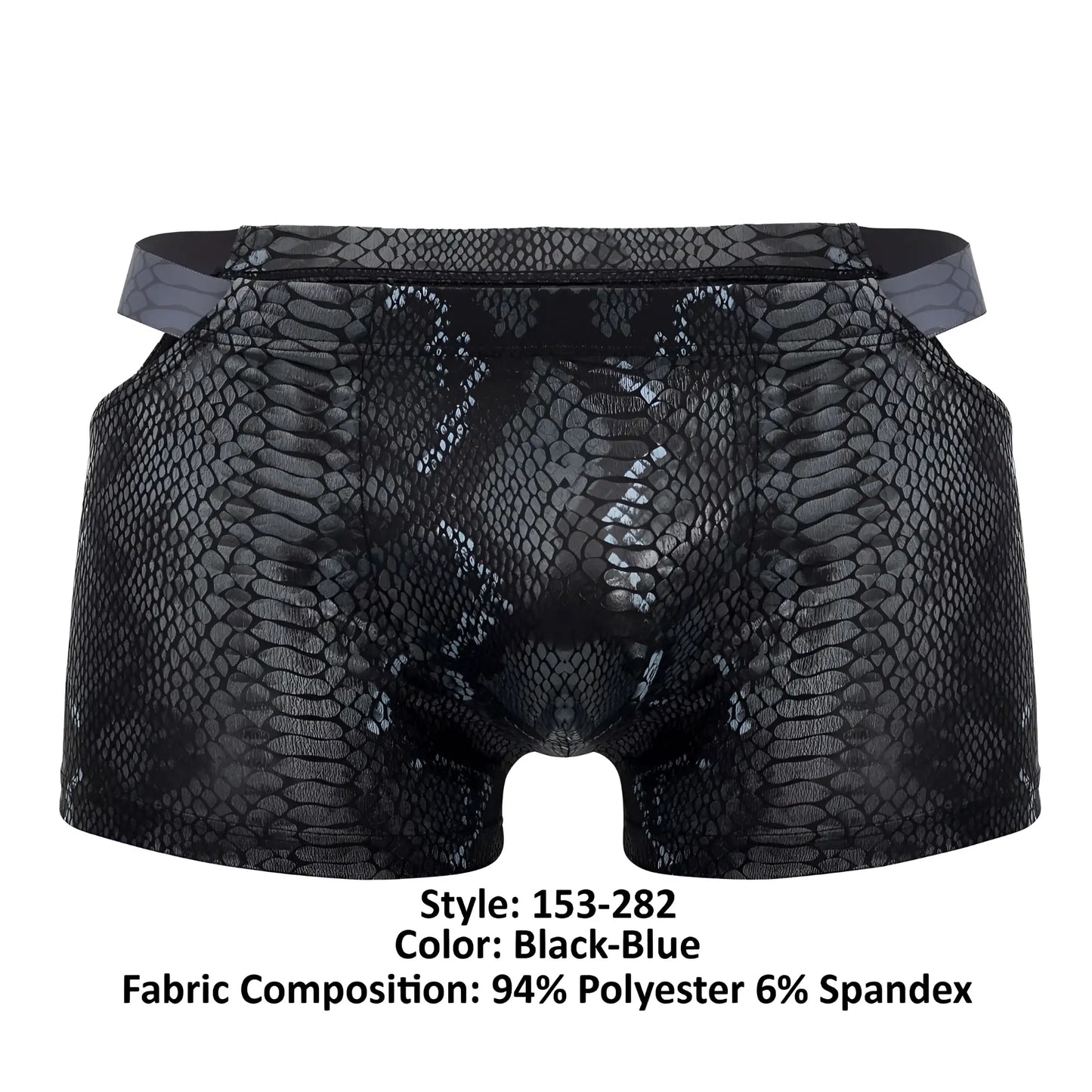 Male power black-blue snake-scale patterned men’s boxer briefs made of 94 polyester and 6 spandex