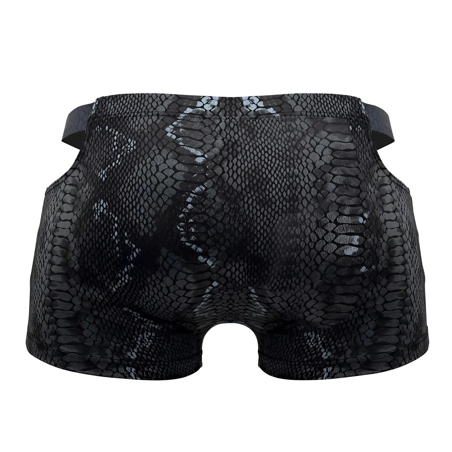 Black blue male power 153-282 s-naked pouch shorts with black snake skin pattern sleek glossy finish elastic waistband