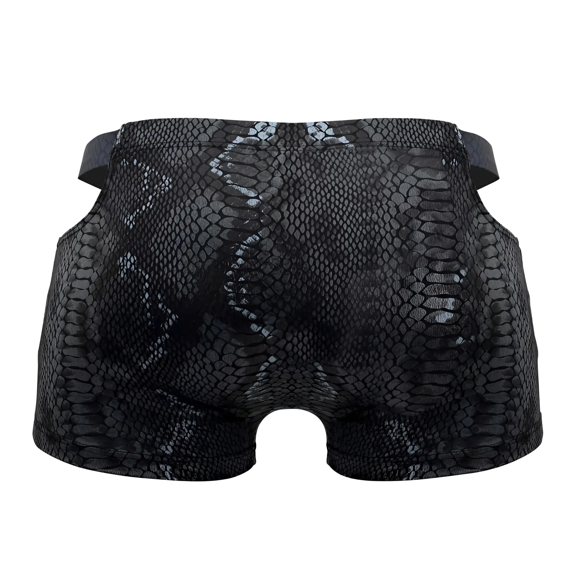 Black blue male power 153-282 s-naked pouch shorts with black snake skin pattern sleek glossy finish elastic waistband