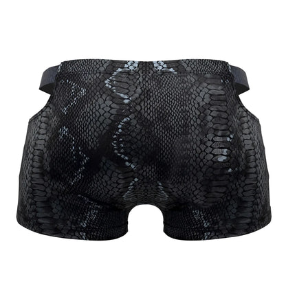Black blue male power 153-282 s-naked pouch shorts with black snake skin pattern sleek glossy finish elastic waistband