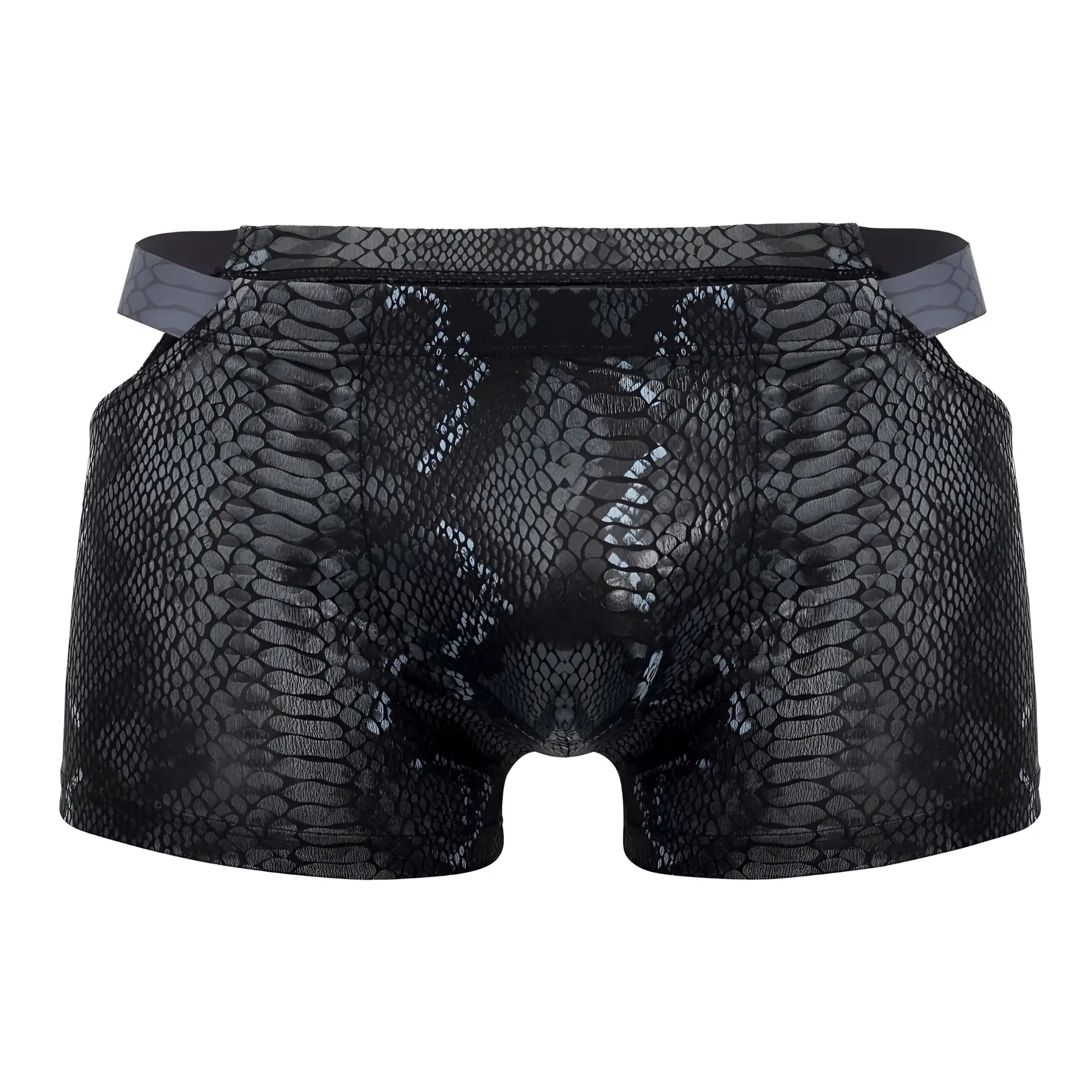 Male power 153-282 s-naked pouch short black-blue mens briefs with black snake-skin pattern and gray waistband
