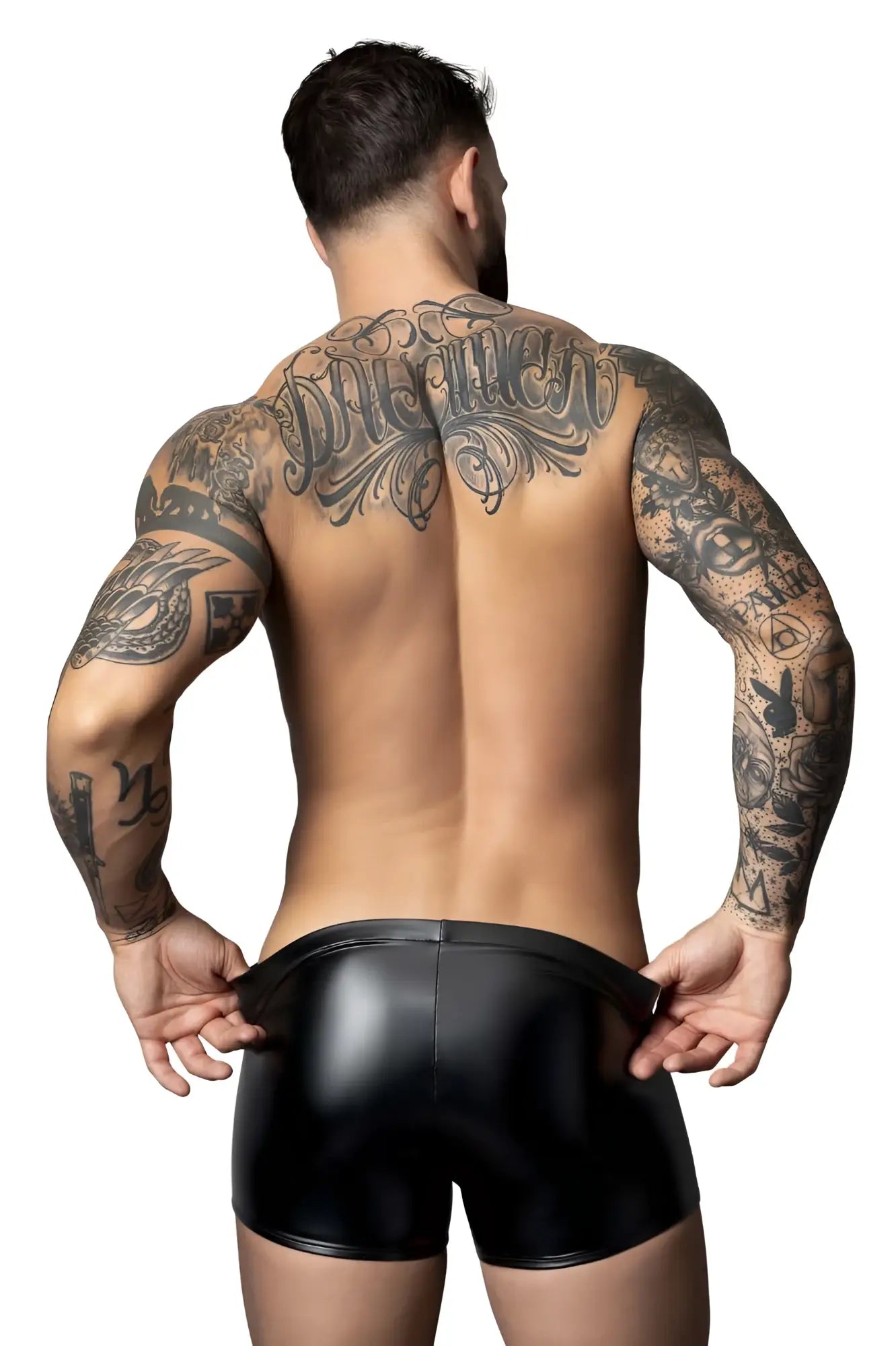 Black patent leather briefs male power 153-301 liquid onyx 2.0 pouch short in black color front view