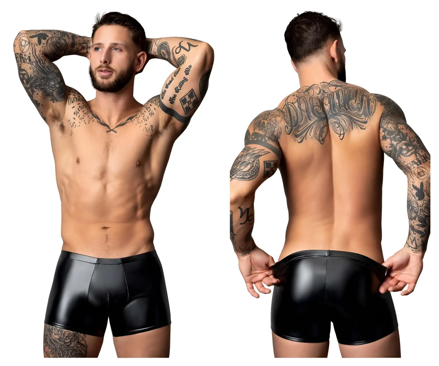 Male Power 153-301 Liquid Onyx 2.0 black patent leather briefs with sleek glossy finish and contoured design