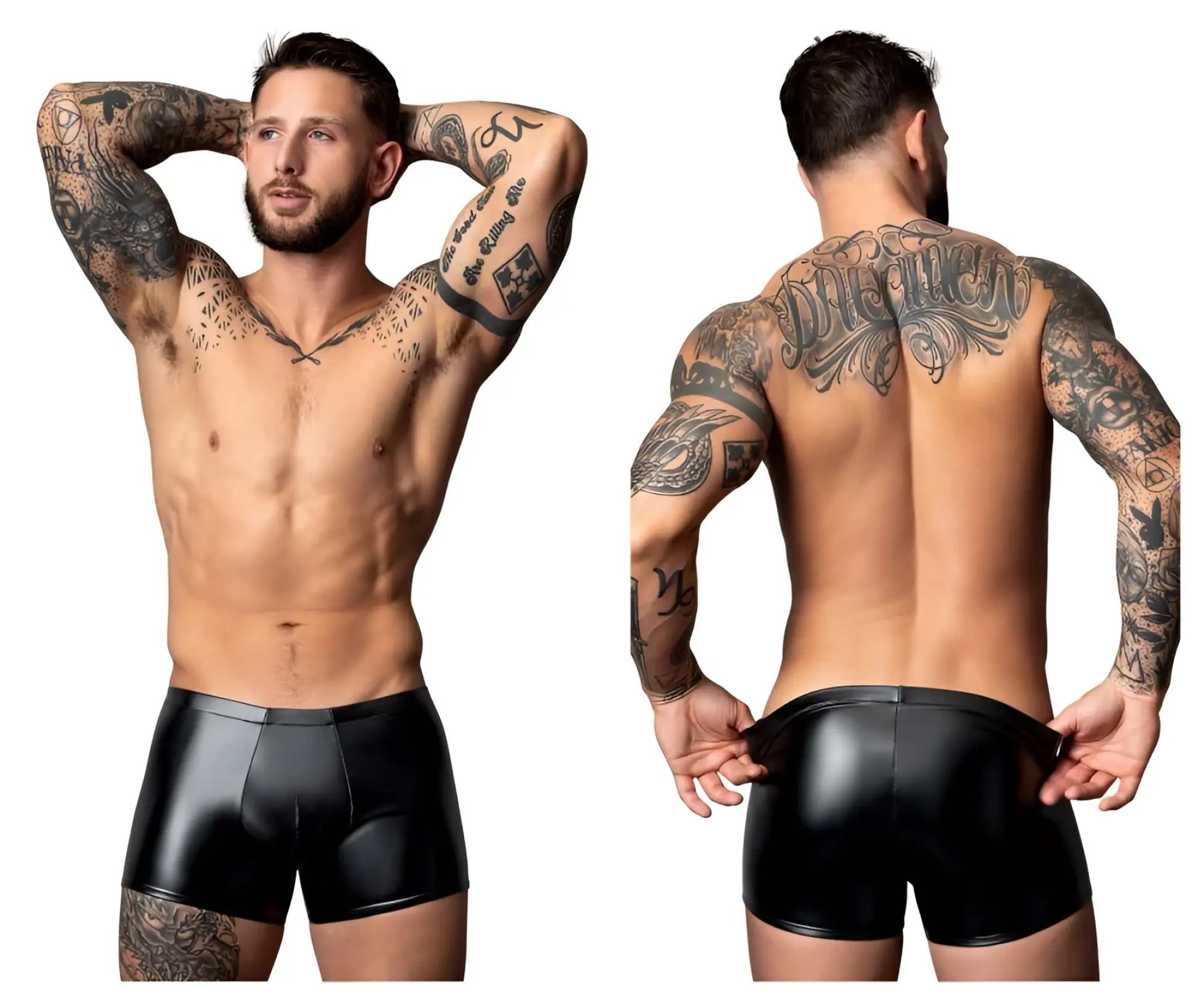 Male Power 153-301 Liquid Onyx 2.0 black patent leather briefs with sleek glossy finish and contoured design