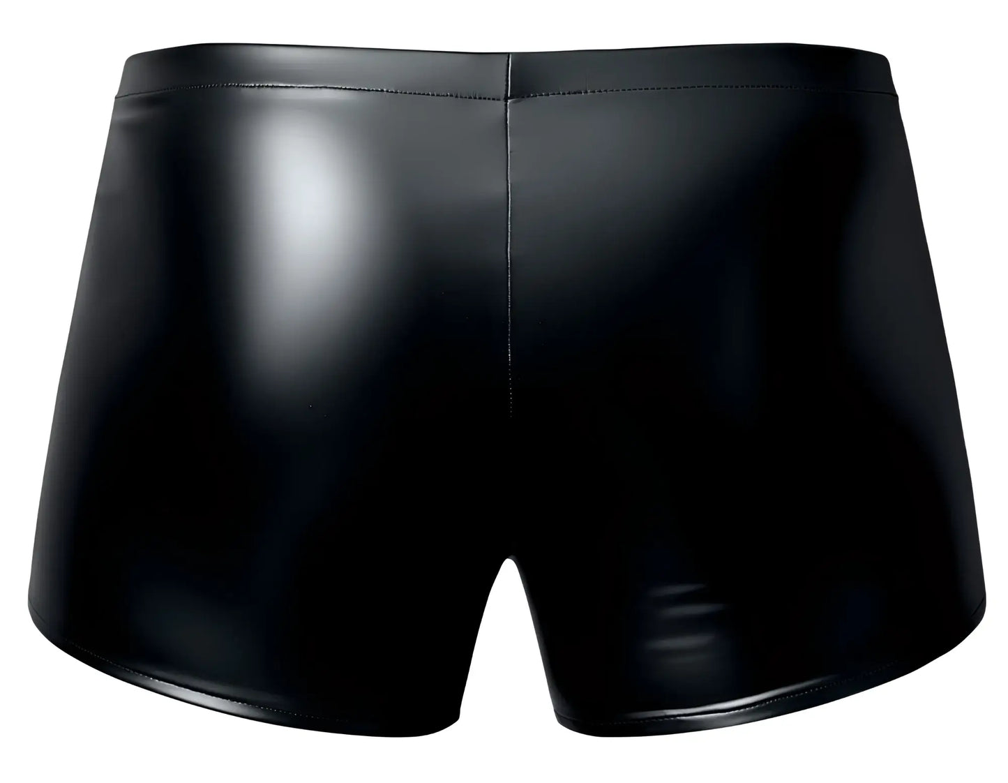 Black shiny faux leather male power 153-301 liquid onyx 2.0 pouch shorts with sleek form-fitting design