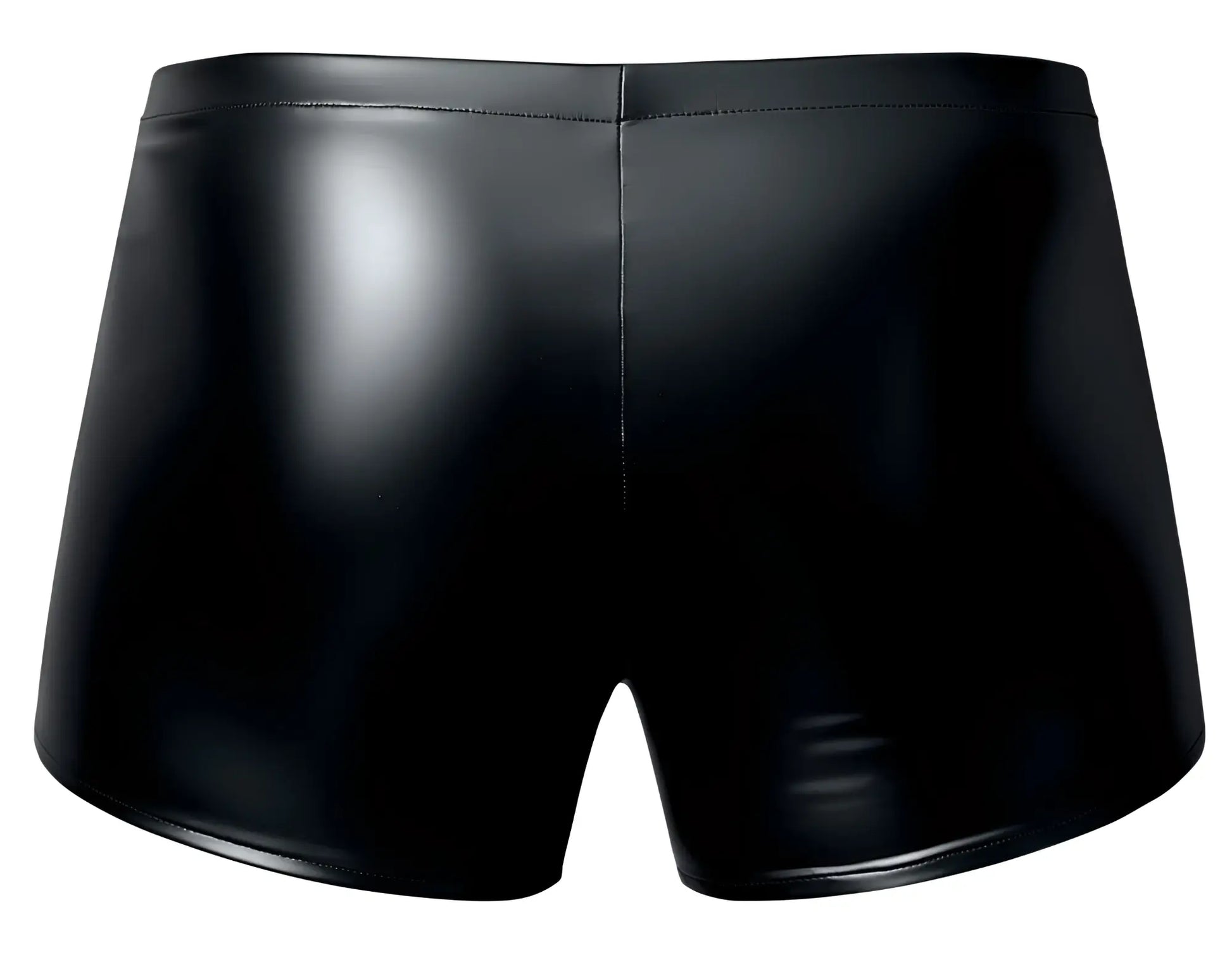 Black shiny faux leather male power 153-301 liquid onyx 2.0 pouch shorts with sleek form-fitting design