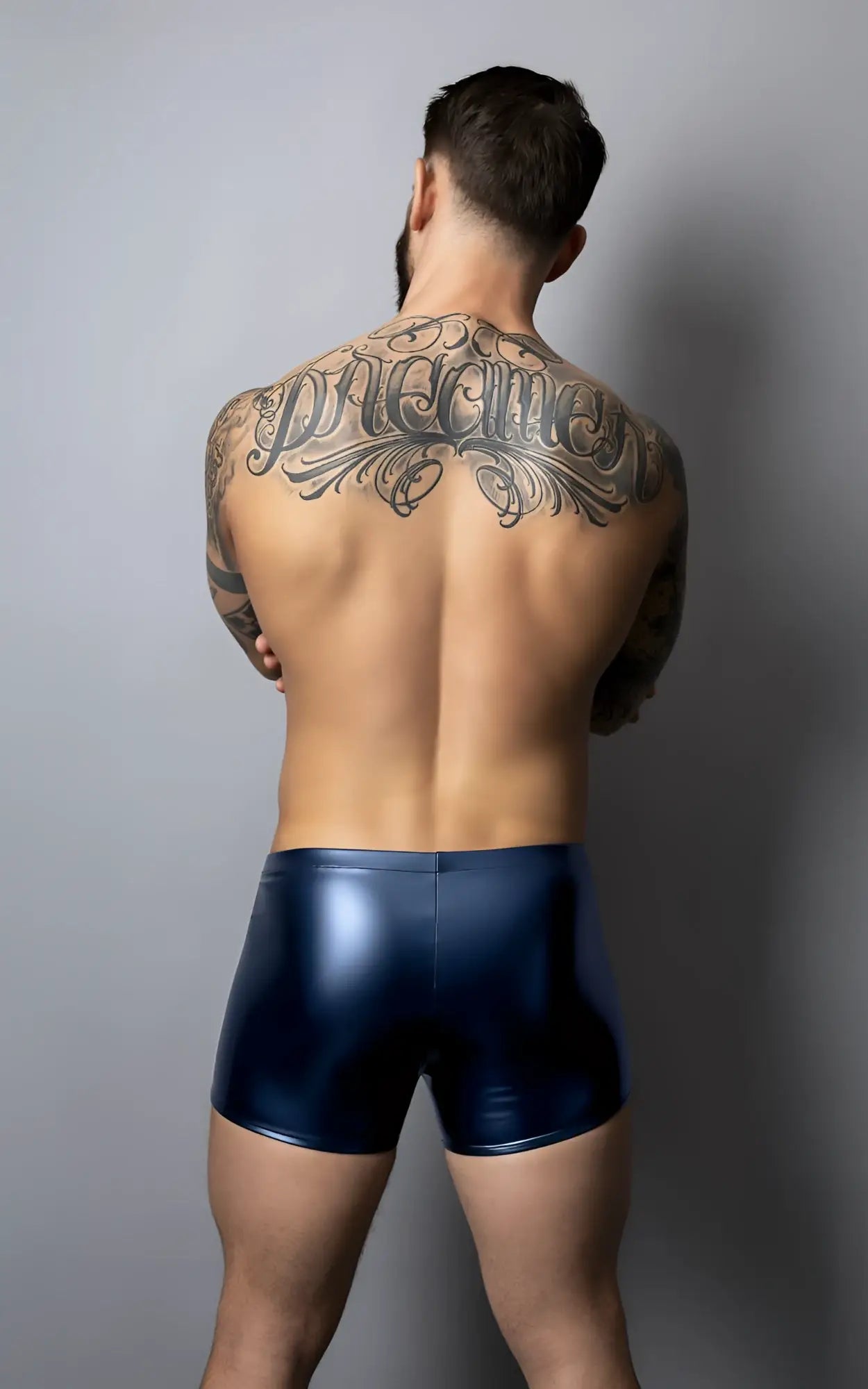 Male power 153-301 liquid onyx 2.0 navy blue shiny latex pouch shorts designed for a bold look and comfortable fit