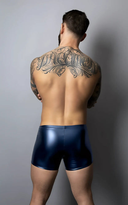 Male power 153-301 liquid onyx 2.0 navy blue shiny latex pouch shorts designed for a bold look and comfortable fit