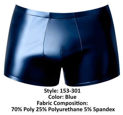Male Power 153-301 Liquid Onyx 2.0 blue shiny faux leather briefs with a sleek form-fitting pouch short design