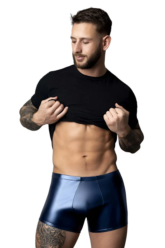 Male power 153-301 liquid onyx 2.0 pouch short shiny navy blue metallic briefs designed for men