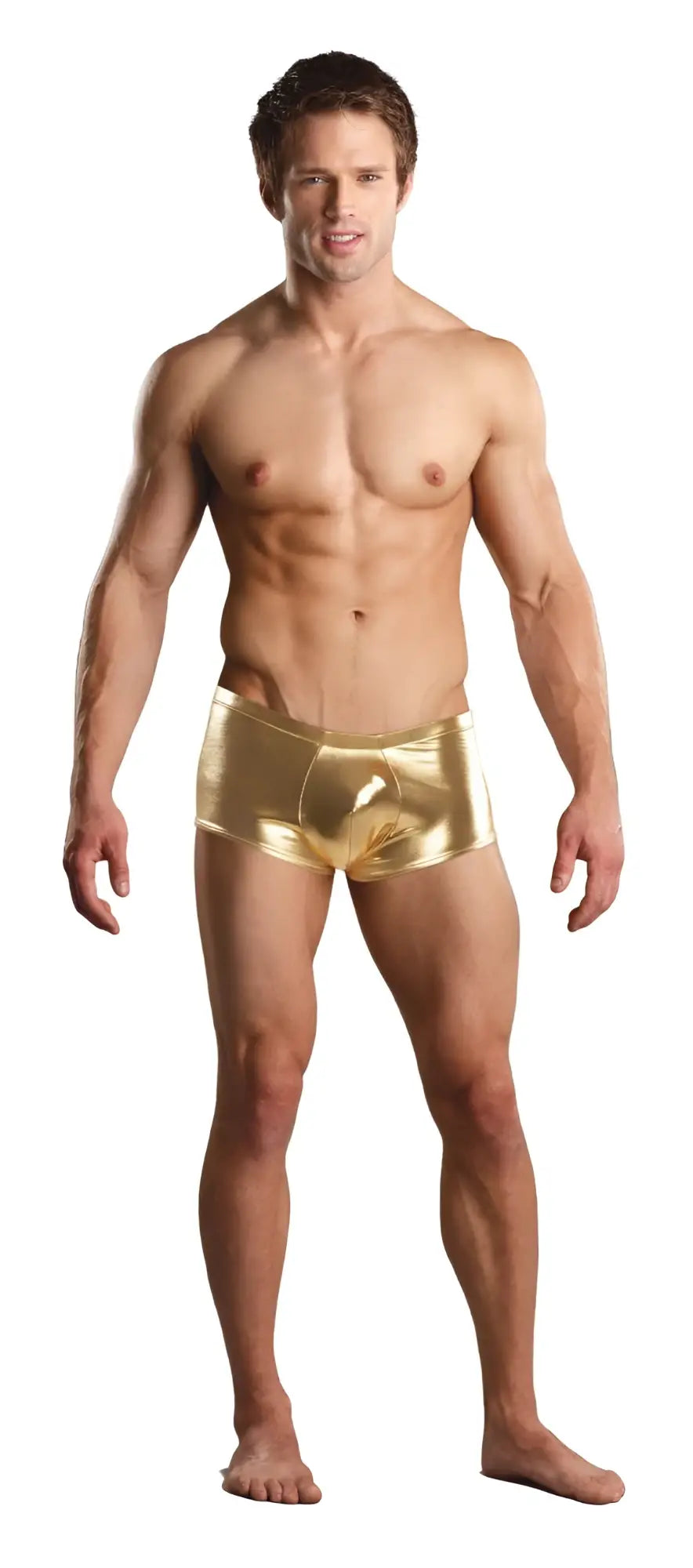 Male power 153070 heavy metal mini short boxer briefs in shiny gold metallic fabric for bold men