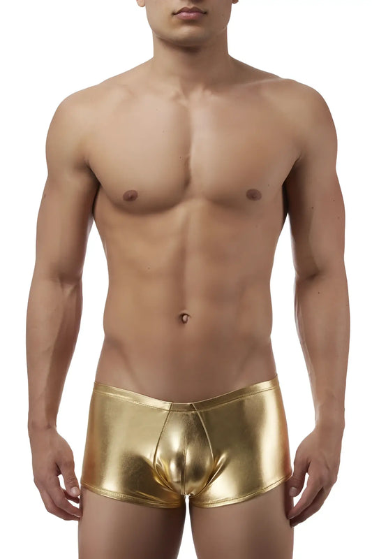 Male power 153070 heavy metal mini short boxer briefs in shiny gold metallic fabric for a bold look