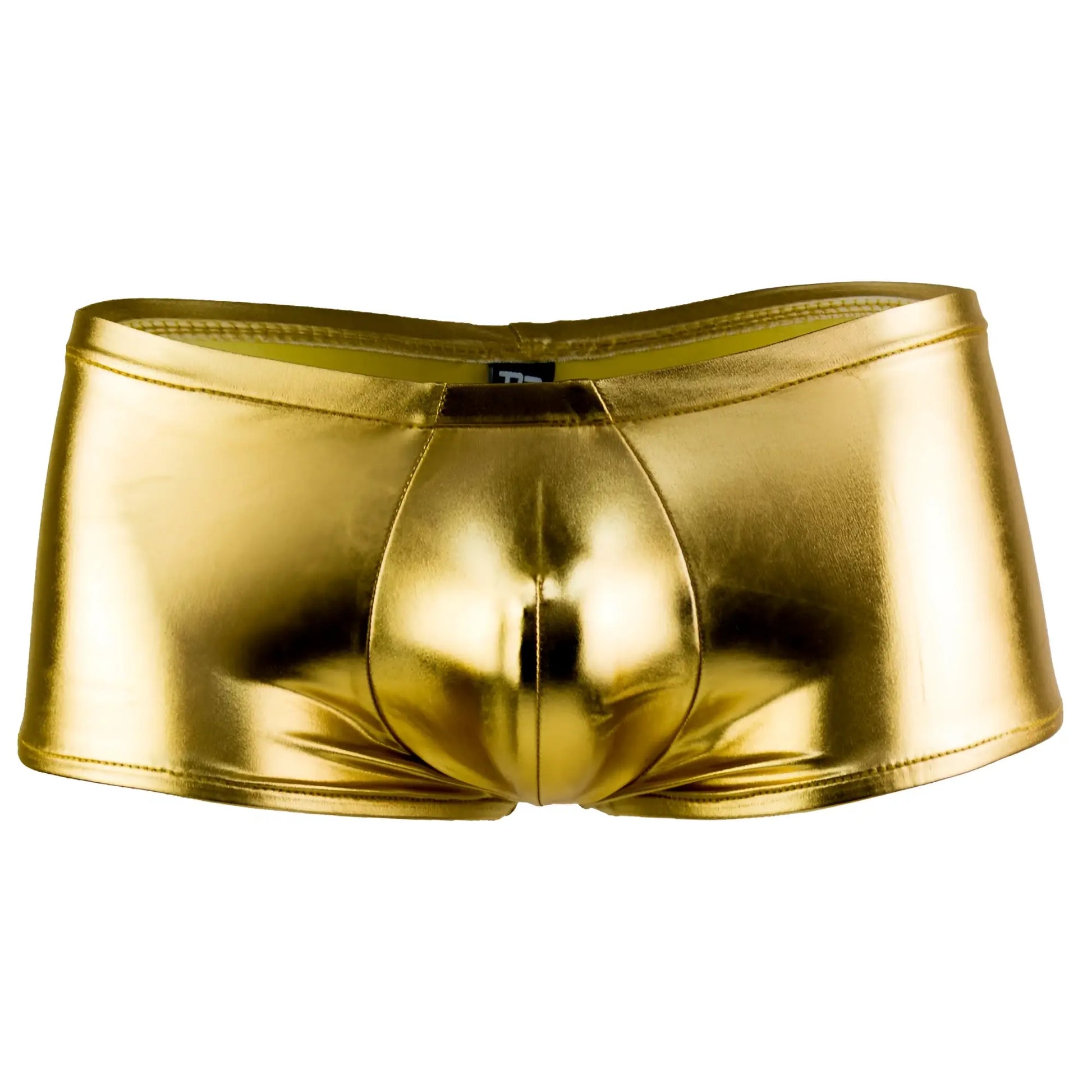 Male power 153070 heavy metal mini short boxer briefs in shiny gold metallic fabric with a sleek form fitting design