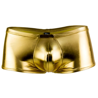 Male power 153070 heavy metal mini short boxer briefs in shiny gold metallic fabric with a sleek form fitting design
