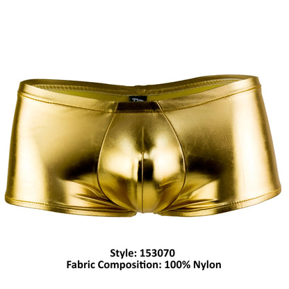Male power 153070 heavy metal mini short boxer briefs in shiny gold nylon with sleek form-fitting design