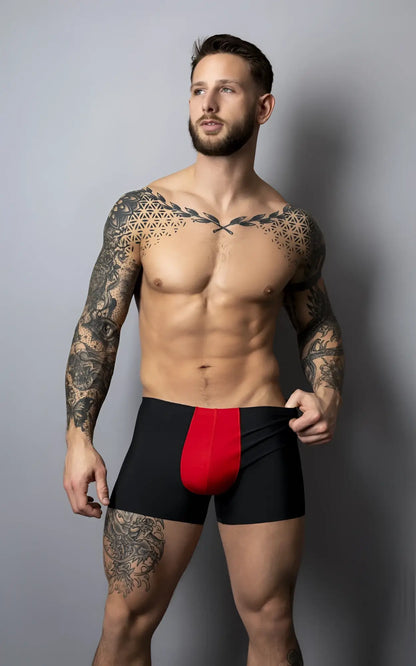 Male Power 154-300 black and red athletic briefs with bold vertical red mesh pouch for enhanced support and style
