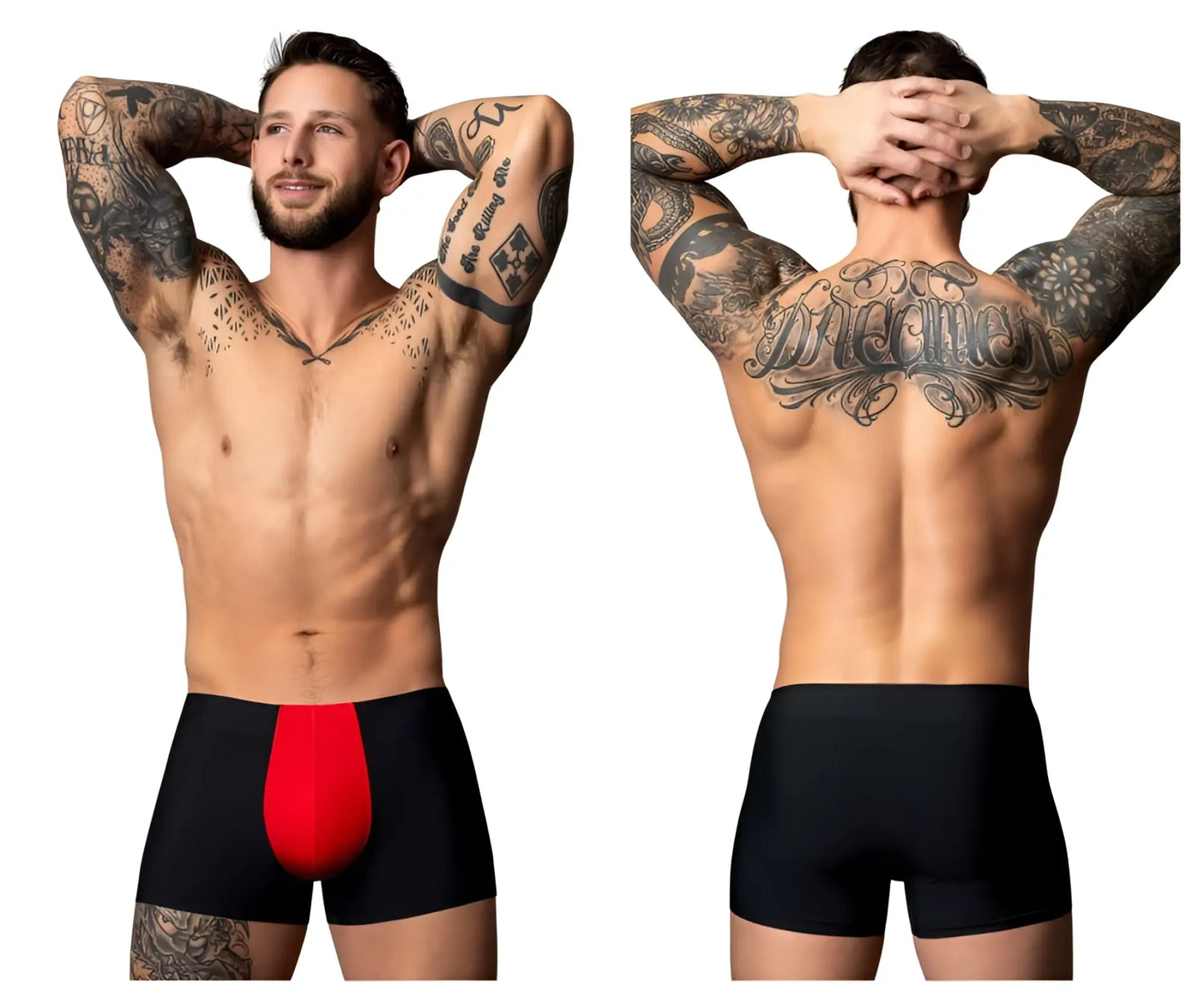 Male power 154-300 hot mesh pouch short briefs in black with a bold red front mesh panel for enhanced comfort and style