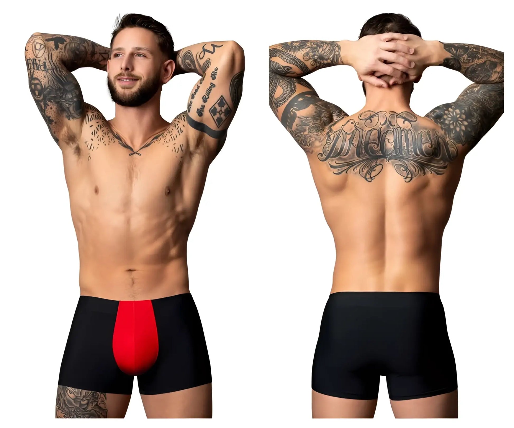 Male power 154-300 hot mesh pouch short briefs in black with a bold red front mesh panel for enhanced comfort and style