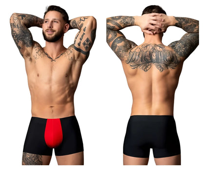 Male power 154-300 hot mesh pouch short briefs in black with a bold red front mesh panel for enhanced comfort and style