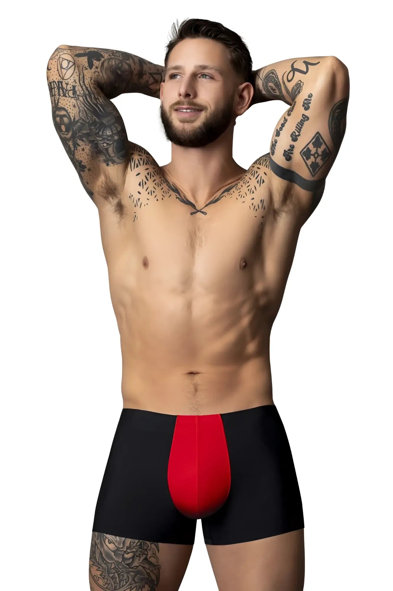 Male power 154-300 hot mesh pouch short boxer briefs in black and red with a bold central red panel