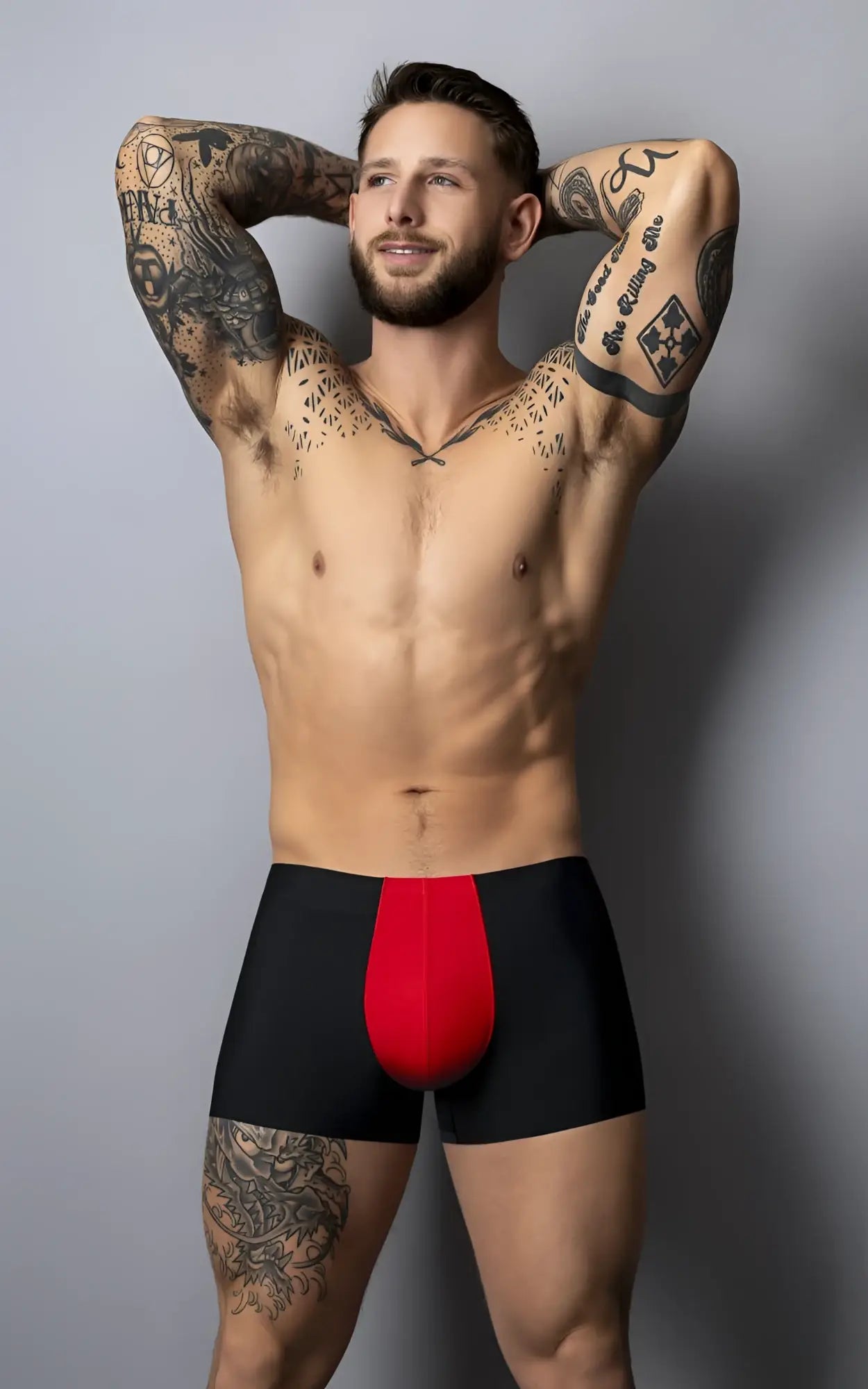 Male power 154-300 hot mesh pouch short black and red men’s boxer briefs with bold central red panel made of mesh