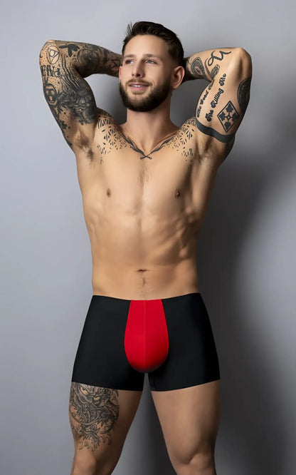 Male power 154-300 hot mesh pouch short black and red men’s boxer briefs with bold central red panel made of mesh